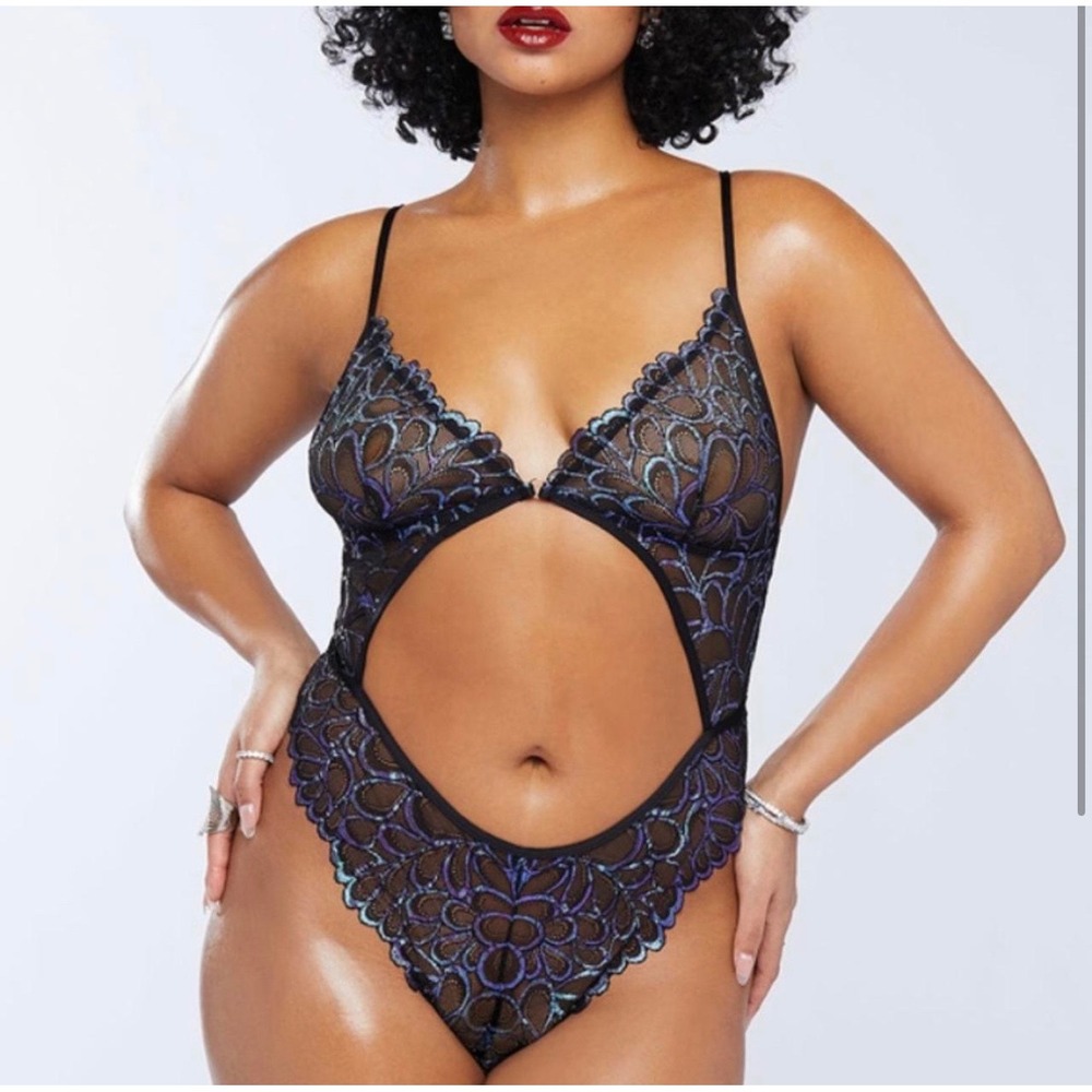 Savage X Fenty Metallic Lace Cutout Teddy Bodysuit XS Blue Black Peacock New